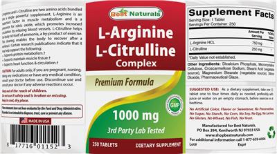 Photo of the Best Naturals L-Arginine L-Citrulline Complex 1000 mg label