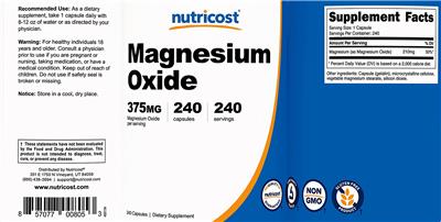 Magnesium Oxide 375 mg のラベル画像（NIH DSLD）