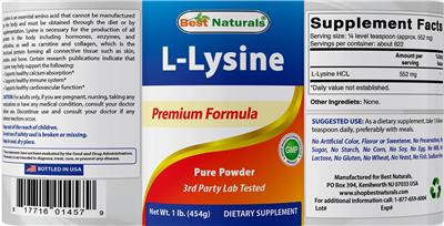 Photo of the Best Naturals L-Lysine Pure Powder label