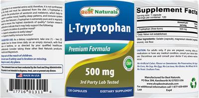 Photo of the Best Naturals L-Tryptophan 500 mg label