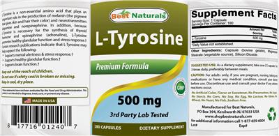 Photo of the Best Naturals L-Tyrosine 500 mg label