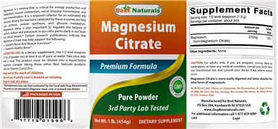 Photo of the Best Naturals Magnesium Citrate Pure Powder label