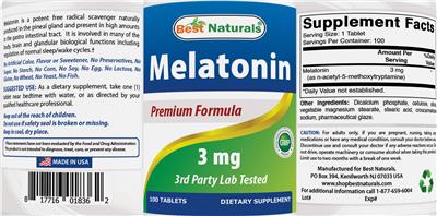 Photo of the Best Naturals Melatonin 3 mg label