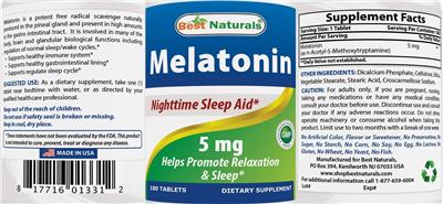 Photo of the Best Naturals Melatonin 5 mg label