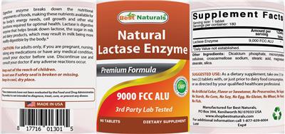 Photo of the Best Naturals Natural Lactase Enzyme 9000 FCC ALU label