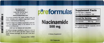 Photo of the PureFormulas Niacinamide 500 mg label