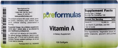 Photo of the PureFormulas Vitamin A label