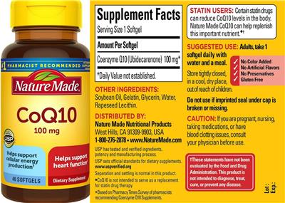 Photo of the Nature Made CoQ10 100 mg label