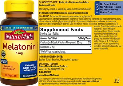 Photo of the Nature Made Melatonin 3 mg label