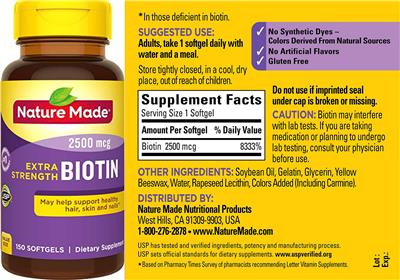 Photo of the Nature Made Extra Strength Biotin 2500 mcg label