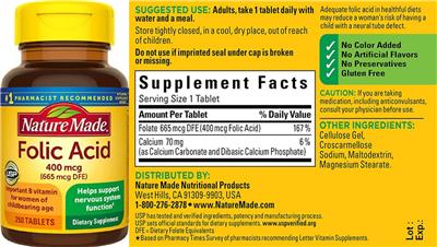 Photo of the Nature Made Folic Acid 400 mcg label