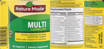 Photo of the Nature Made Multi Complete label