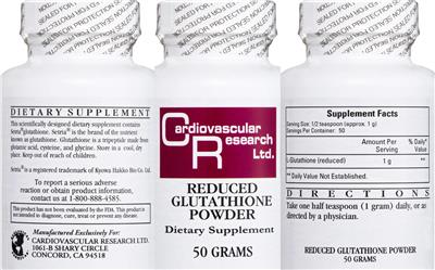 Photo of the Cardiovascular Research Reduced Glutathione Powder label