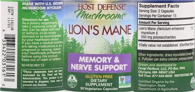 Photo of the Host Defense Mushrooms Lion's Mane label