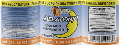 Photo of the Sunshine Naturals Melatonin 3000 mcg with Vitamin B-6 label
