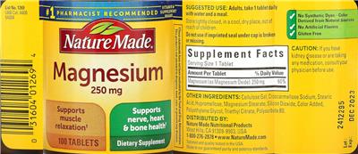 Photo of the Nature Made Magnesium 250 mg label