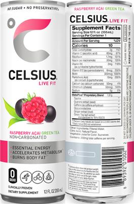 Photo of the Celsius Non-Carbonated Raspberry Acai Green Tea label
