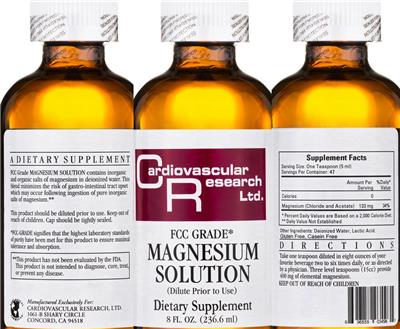 Photo of the Cardiovascular Research FCC Grade Magnesium Solution label