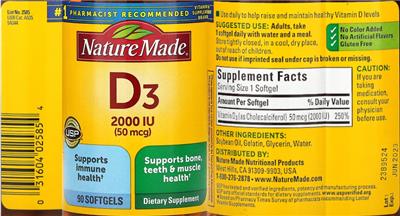 Photo of the Nature Made D3 2000 IU (50 mcg) label