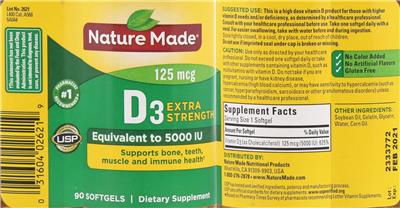 Photo of the Nature Made D3 125 mcg 5000 IU label