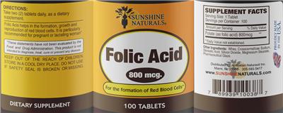 Photo of the Sunshine Naturals Folic Acid 800 mcg label