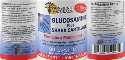 Photo of the Sunshine Naturals Glucosamine plus Shark Cartilage 1550 mg label