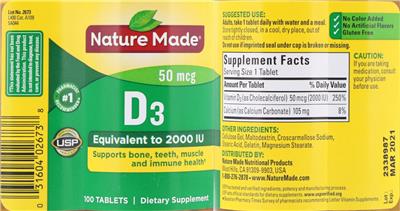 Photo of the Nature Made D3 50 mcg 2000 IU label