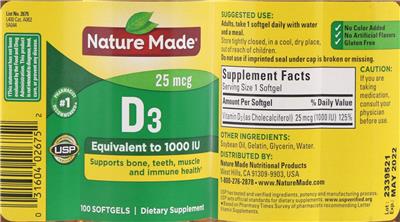 Photo of the Nature Made D3 25 mcg 1000 IU label