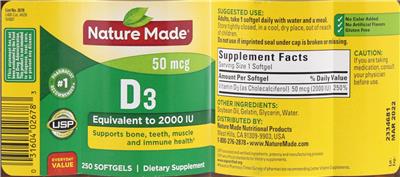 Photo of the Nature Made D3 50 mcg 2000 IU label