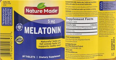 Photo of the Nature Made Melatonin 5 mg label