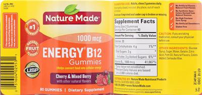 Photo of the Nature Made Energy B12 Gummies 1000 mcg label