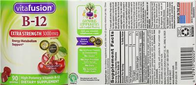 Photo of the vitafusion B-12 Extra Strength 3000 mcg Natural Cherry Flavor label