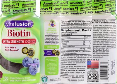 Photo of the vitafusion Biotin Extra Strength 5000 mcg Natural Blueberry Flavor label