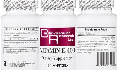 Photo of the Cardiovascular Research Vitamin E-400 label