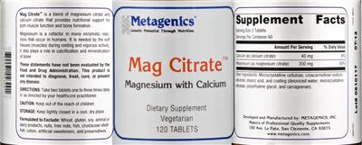Photo of the Metagenics Mag Citrate label