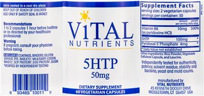 Photo of the Vital Nutrients 5HTP 50 mg label