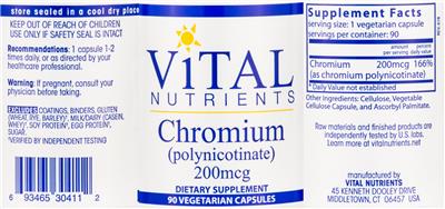 Photo of the Vital Nutrients Chromium (Polynicotinate) 200 mcg label