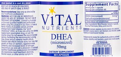 Photo of the Vital Nutrients DHEA (Micronized) 50 mg label