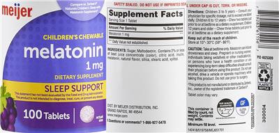 Photo of the Meijer Children's Chewable Melatonin 1 mg label