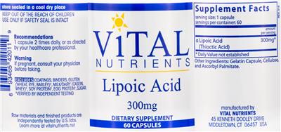 Photo of the Vital Nutrients Lipoic Acid 300 mg label
