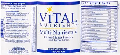 Photo of the Vital Nutrients Multi-Nutrients 4 (with Copper & Iron) label