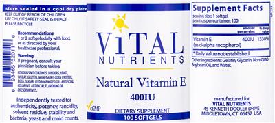 Photo of the Vital Nutrients Natural Vitamin E 400 IU label