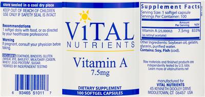 Photo of the Vital Nutrients Vitamin A (from Fish Liver Oil) label