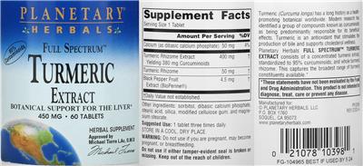 Photo of the Planetary Herbals Full Spectrum Turmeric Extract 450 mg label