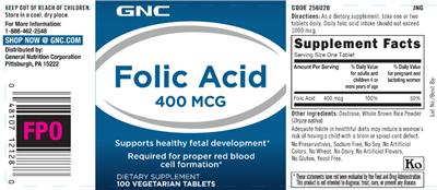Product label for Folic Acid 400 mcg