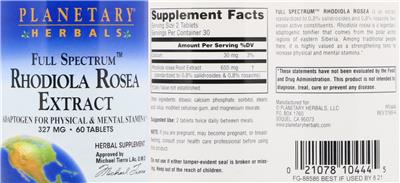 Photo of the Planetary Herbals Full Spectrum Rhodiola Rosea Extract 327 mg label