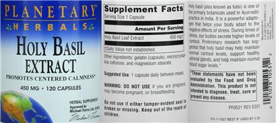 Photo of the Planetary Herbals Holy Basil Extract 450 mg label
