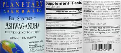Photo of the Planetary Herbals Full Spectrum Ashwagandha 570 mg label