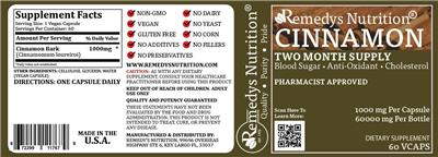 Photo of the Remedys Nutrition Cinnamon 1000 mg label