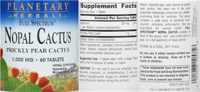 Photo of the Planetary Herbals Full Spectrum Nopal Cactus 1,000 mg label